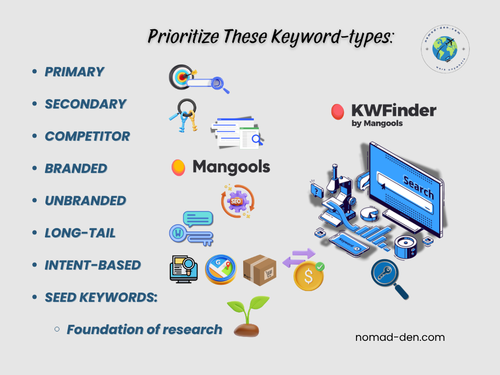 Graphic listing keyword types to prioritize for SEO: primary, secondary, competitor, branded, unbranded, long-tail, intent-based, and seed keywords (noted as the foundation of research). Includes visual icons and branding for KWFinder by Mangools and nomad-den.com.