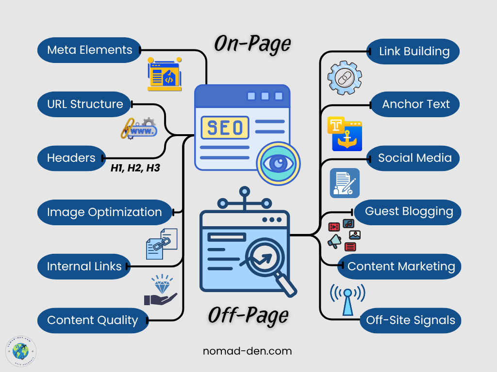 Diagram comparing On-Page and Off-Page SEO factors. On-Page includes: meta elements, URL structure, headers (H1–H3), image optimization, internal links, and content quality. Off-Page includes: link building, anchor text, social media, guest blogging, content marketing, and off-site signals. Visual icons represent each element. nomad-den.com branding included.