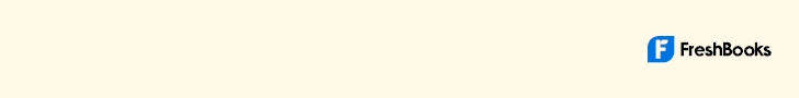 Animated FreshBooks logo banner on a beige background, with logo positioned on the right side.