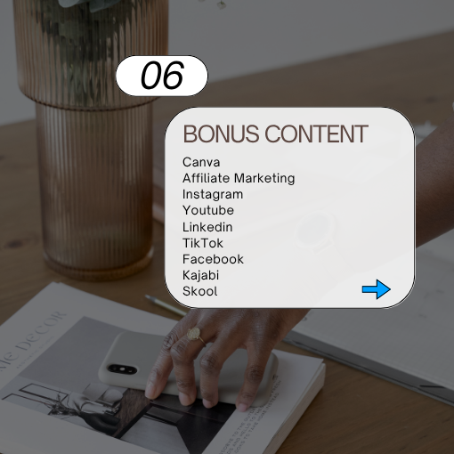 Bonus content overview: Canva, affiliate marketing, social media platforms, and Kajabi walkthroughs