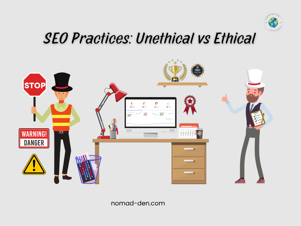 Illustration contrasting unethical vs ethical SEO practices. The left side shows warning signs, a stop sign, and a character in a striped vest, symbolizing unethical practices. The right side shows awards, analytics, and a character in a suit with a checklist, representing ethical SEO. nomad-den.com branding centered beneath the desk.