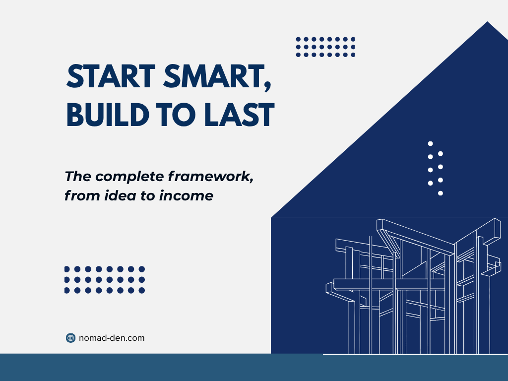 Featured image reading "Start Smart, Build to Last: The complete framework, from idea to income," with a blueprint-style illustration of a building under construction, nomad-den.com branding included.