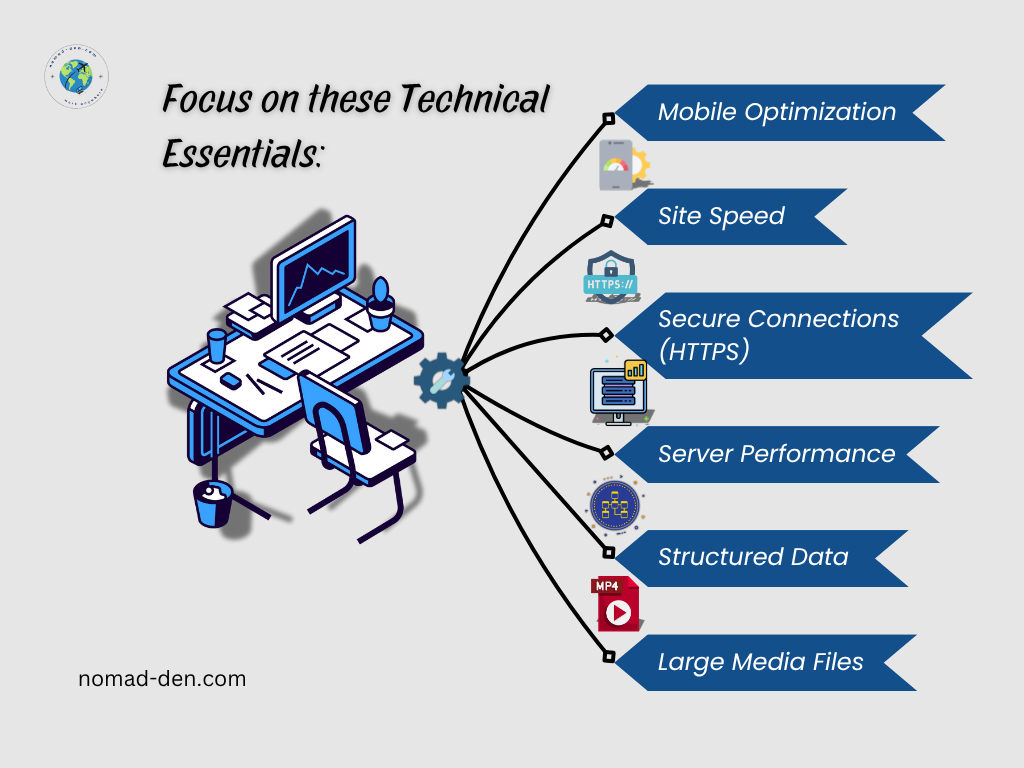 Visual list of technical SEO essentials with a workspace graphic on the left. Key elements include: mobile optimization, site speed, secure connections (HTTPS), server performance, structured data, and large media files. Branded with nomad-den.com.