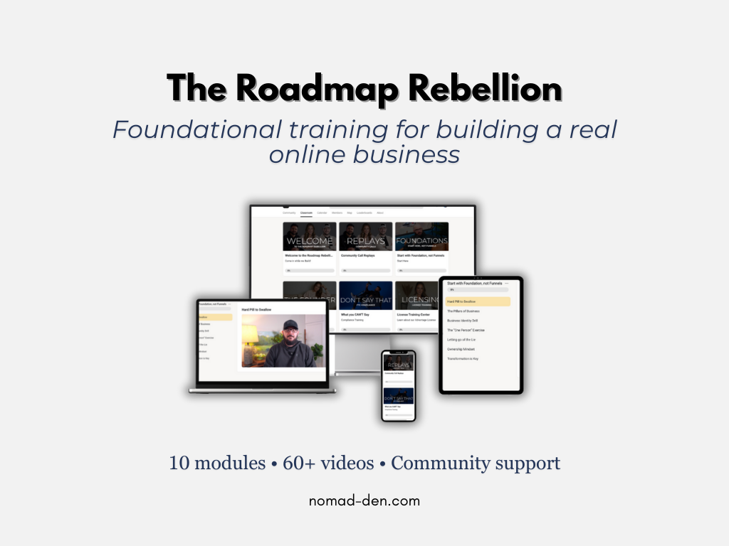 The Roadmap Rebellion course dashboard shown across desktop, tablet, and mobile devices, highlighting foundational online business training with 10 modules, 60+ videos, and community support.