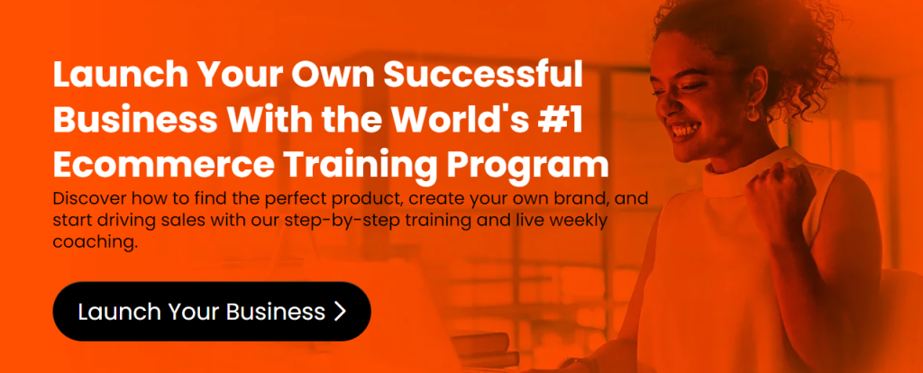 Excited woman celebrating success beside bold headline: “Launch Your Own Successful Business With the World’s #1 Ecommerce Training Program.” Promotional banner for Amazing Selling Machine featuring step-by-step coaching, branding tips, and a “Launch Your Business” call-to-action button.