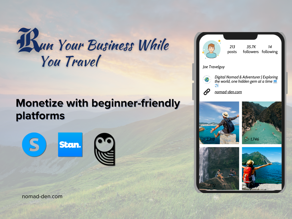 Beginner-friendly platforms to monetize digital products online: Stan.store, SendOwl, and Systeme.io, shown with travel lifestyle imagery.