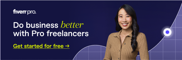 Banner ad for Fiverr Pro featuring a smiling woman in a tan shirt. The text reads, “Do business better with Pro freelancers – Get started for free,” encouraging users to hire top-rated freelancers for professional services.