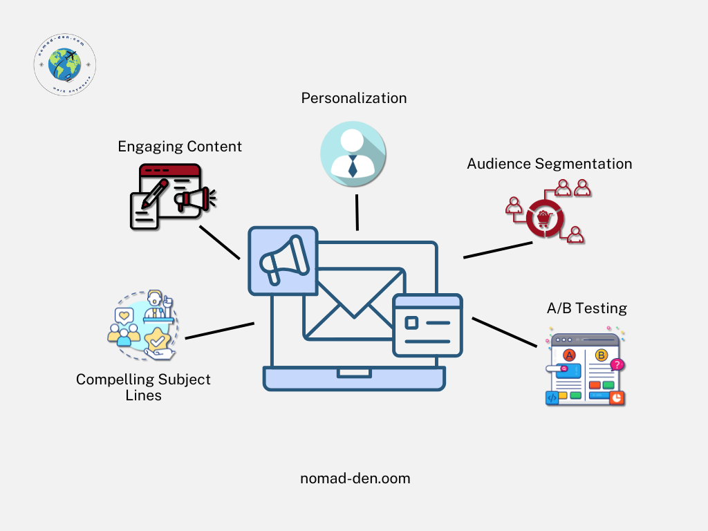 Key elements of effective email marketing strategy, including personalization, audience segmentation, A/B testing, compelling subject lines, and engaging content — all visually connected to a central email marketing icon. Branded with nomad-den.com.