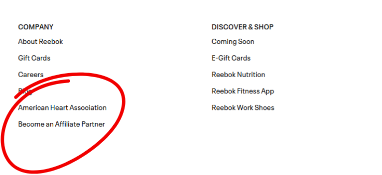 Screenshot of the Reebok website footer with the "Become an Affiliate Partner" link highlighted in red. This shows where users can find affiliate program links on brand websites.