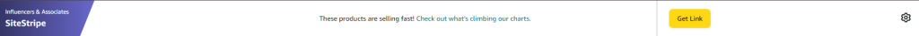 Amazon SiteStripe affiliate toolbar with “Get Link” button visible for product linking.