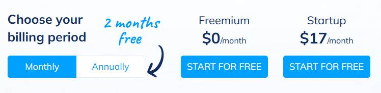 Systeme.io pricing options for 2025: Free plan at $0/month, Startup plan at $27/month with annual billing discount available.