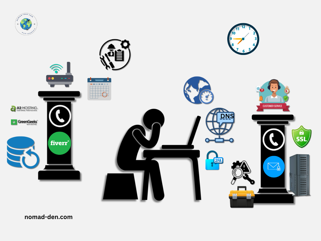 Illustration of a stressed person at a laptop, surrounded by website troubleshooting icons. On the left, a support pillar displays Fiverr, A2 Hosting, GreenGeeks, and backup services. Above it are a Wi-Fi router and a wall calendar. On the right, another support pillar shows email, SSL, customer service, and server tools. Above it is a wall clock. Additional icons around the laptop include DNS, 2FA, global time zones, and diagnostics tools. nomad-den.com appears at the bottom.