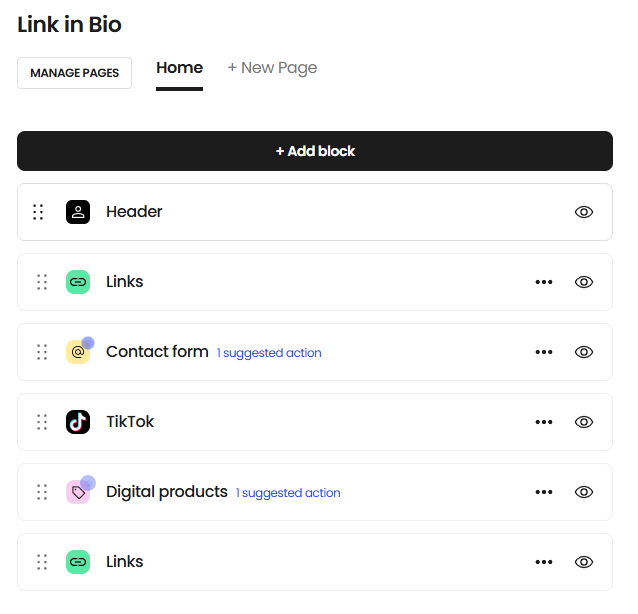 Beacons Link in Bio block editor showing the page structure with Header, Links, Contact form, TikTok, and Digital products blocks