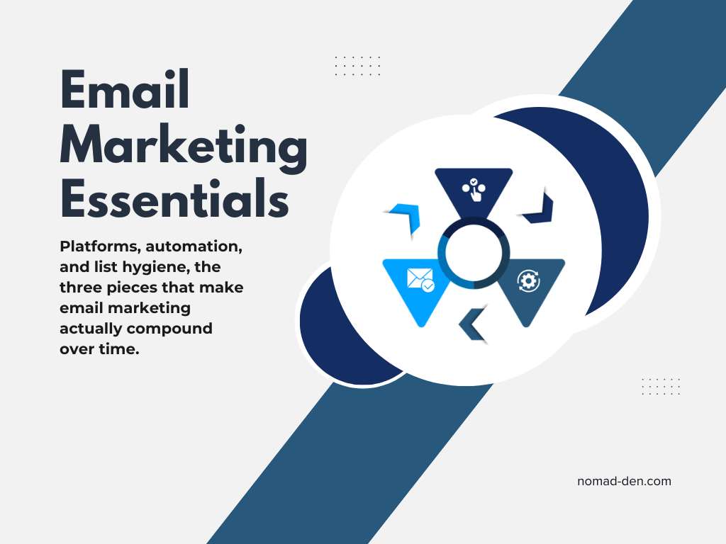 Featured image for "Email Marketing Essentials," covering platforms, automation, and list hygiene for building email marketing that compounds over time.