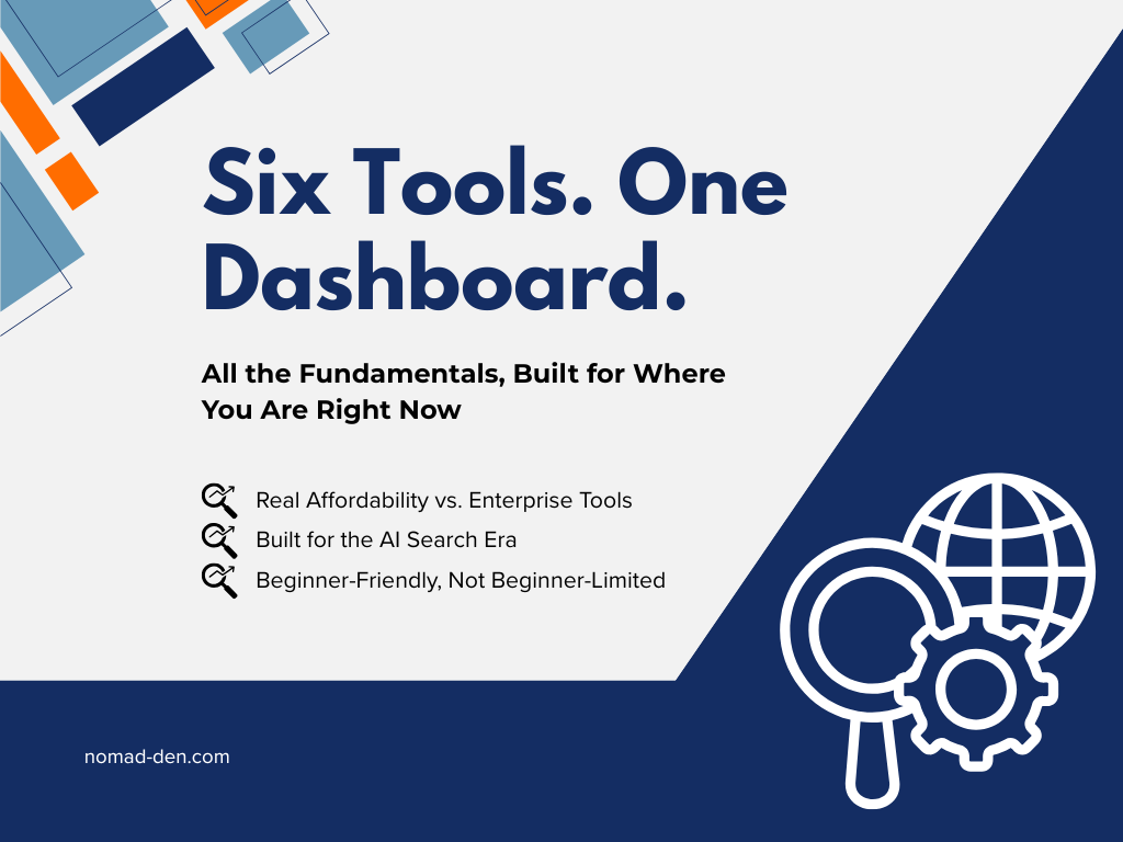 Featured image for a Mangools SEO review, highlighting six tools in one dashboard, affordability, AI search readiness, and beginner-friendly design