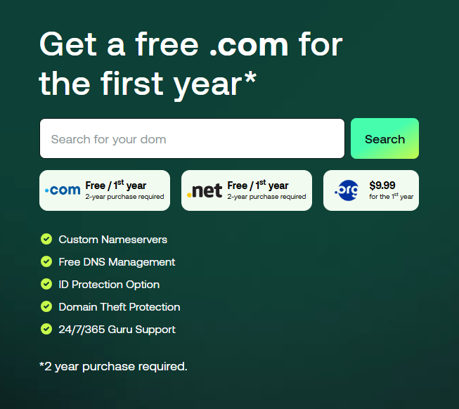 Hosting.com promotion highlighting free .com and .net domain for the first year with 2-year plan, plus features like custom nameservers, DNS management, and 24/7 support.