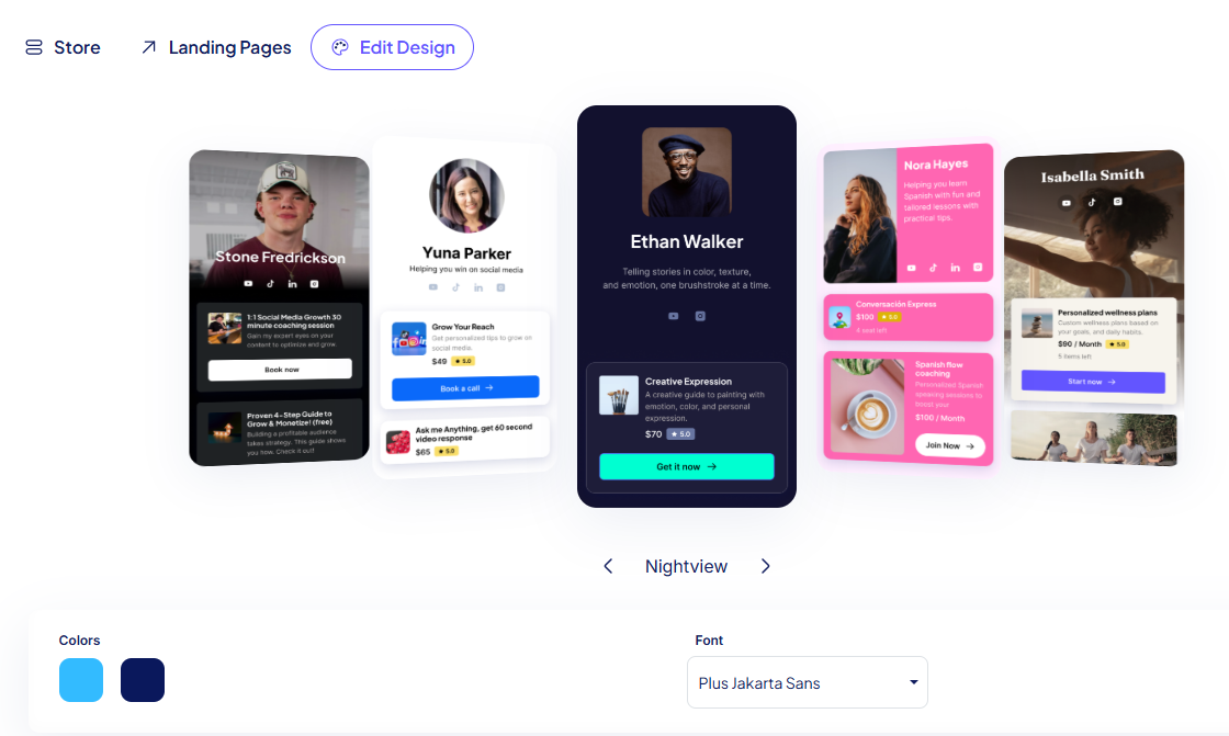 Stan Store creator template carousel showing example storefronts for coaching calls, digital guides, and paid content across different niches
