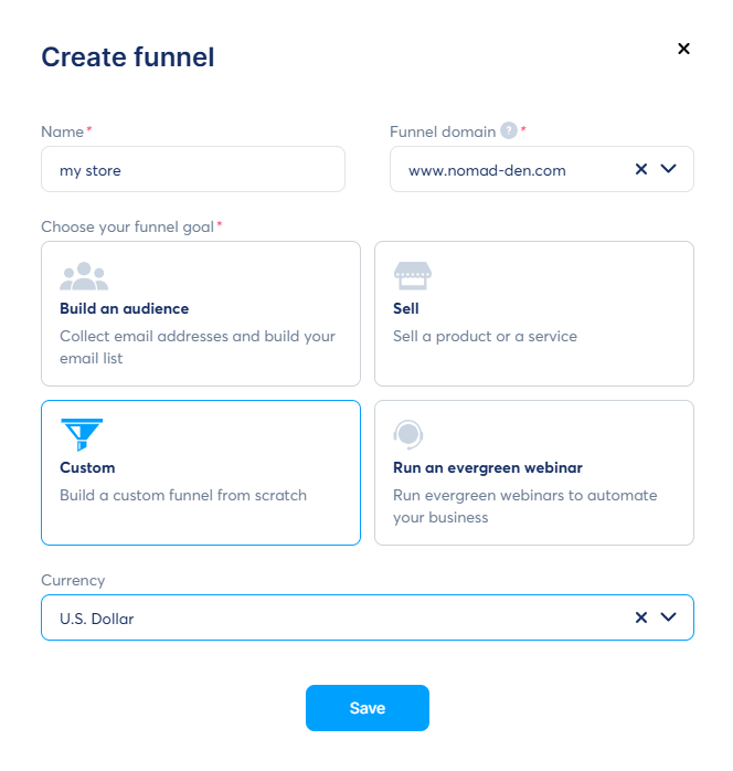Systeme.io "Create funnel" screen with Custom selected as the funnel goal, the workaround needed to build a link-in-bio page
