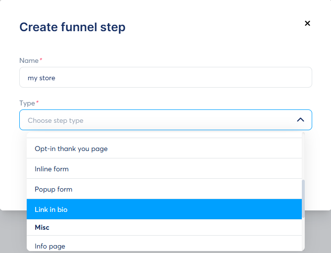 Systeme.io "Create funnel step" screen with Link in bio selected from the step type dropdown