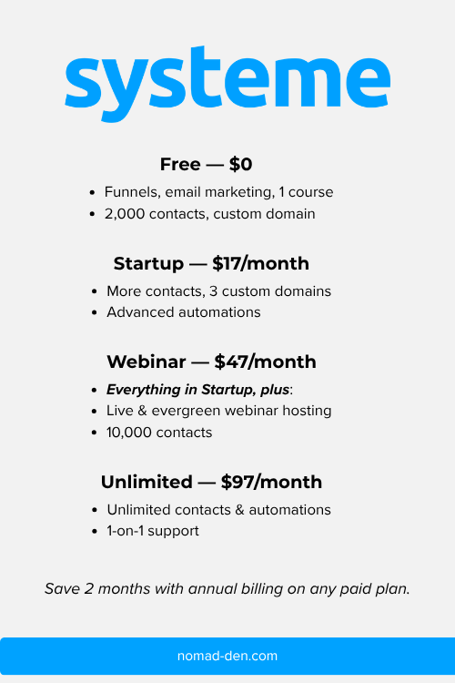 Systeme.io pricing comparison showing the free plan with 2,000 contacts and a custom domain, alongside Startup, Webinar, and Unlimited paid plans
