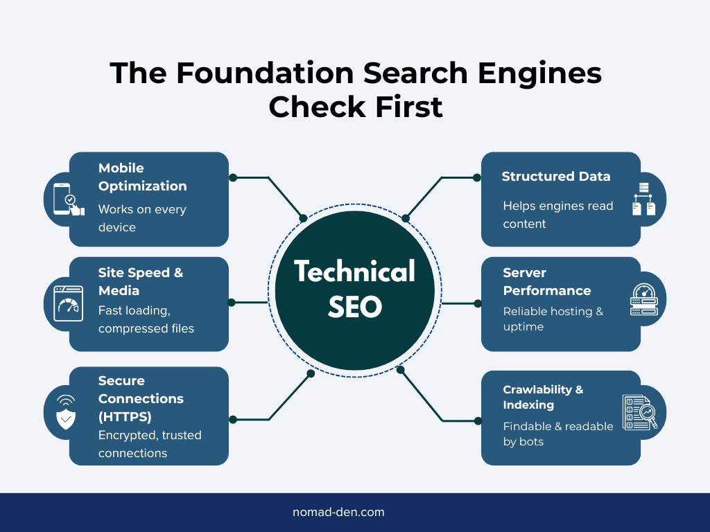 Diagram showing 6 pillars of technical SEO: mobile optimization, site speed and media, secure HTTPS connections, structured data, server performance, and crawlability and indexing