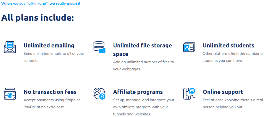 Systeme.io all-in-one platform features: unlimited emails, unlimited file storage, unlimited students, no transaction fees, affiliate program support, and real-person customer support.