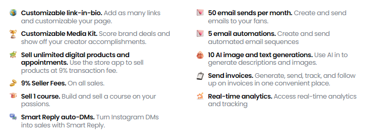 Screenshot of Beacons’ free plan feature list, including customizable link-in-bio, media kit, 9% seller fees, AI tools, email automations, and real-time analytics.