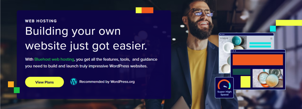 Bluehost web hosting — build your own website easily with WordPress recommended features