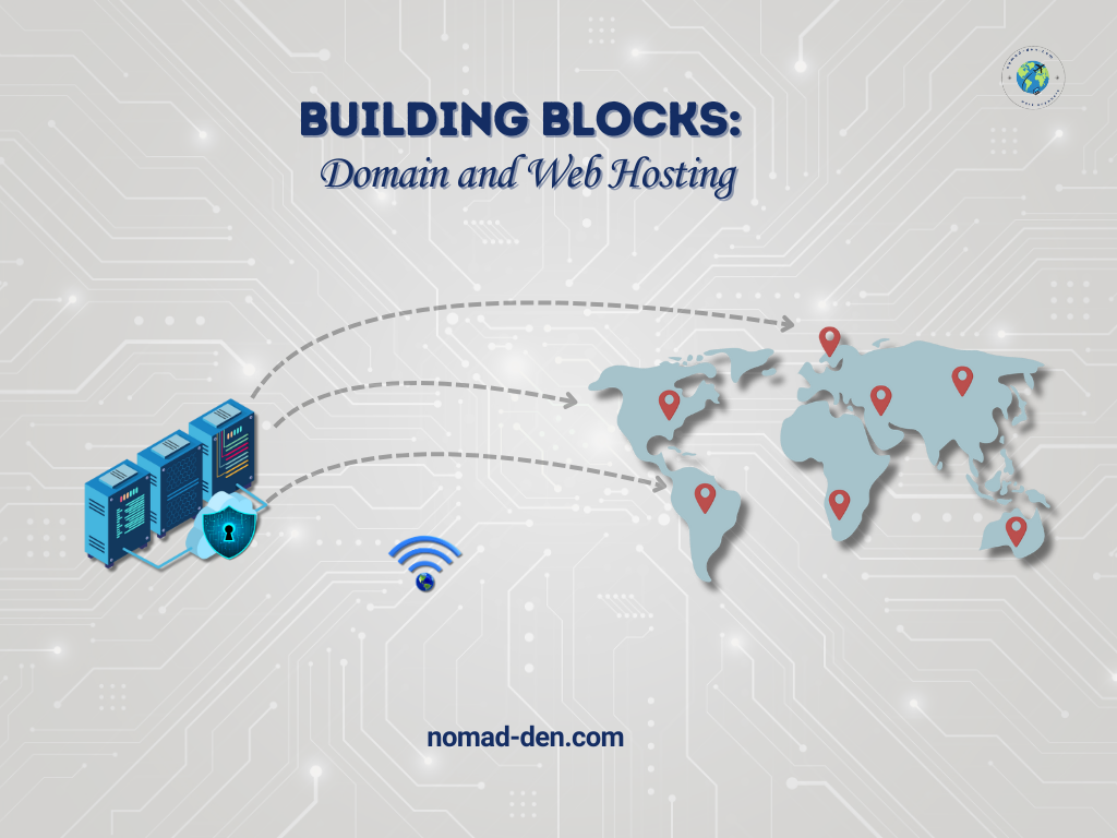Graphic of web hosting servers with security shield, Wi-Fi signal, and world map connections, representing the foundation of domains and hosting for global online business.