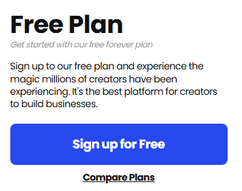 Beacons.ai Free Plan option highlighting a forever free plan with a bold "Sign up for Free" button and a description encouraging creators to build their business.