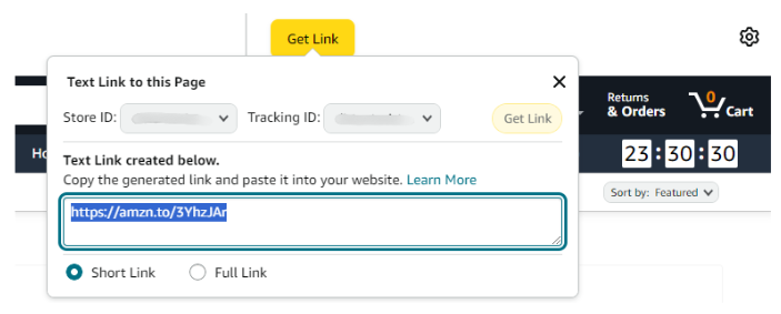 Amazon Associates SiteStripe interface showing how to generate a short affiliate link using the 'Get Link' button.
