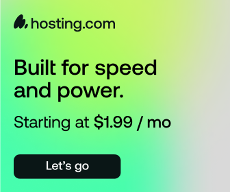 Hosting.com ad – Built for speed and power. Starting at $1.99/month. Green gradient background with bold black text and CTA button.