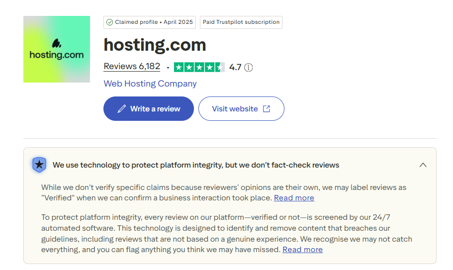 Hosting.com Trustpilot profile showing a 4.7 rating from 6,182 reviews, along with Trustpilot's disclaimer on review verification.
