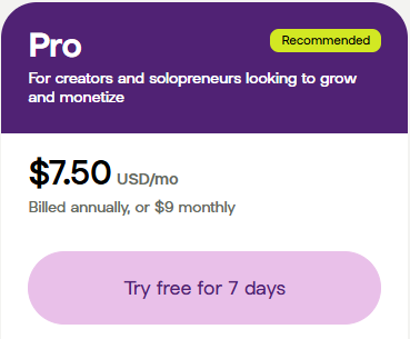 Linktree Pro plan for creators: $7.50/month billed annually (or $9 monthly), includes 7-day free trial for advanced features.