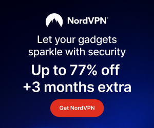 NordVPN holiday promotion banner offering up to 77% off plus 3 months extra, featuring a secure devices theme and a “Get NordVPN” call-to-action.