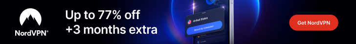 NordVPN promotional banner highlighting up to 77% off and 3 months extra, with a secure connection interface and “Get NordVPN” button.