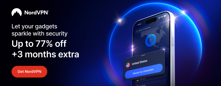 NordVPN holiday banner offering up to 77% off plus three extra months, showing mobile app interface and secure connection.