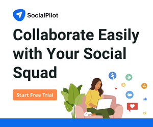 Collaborate easily with your social squad.” Woman on laptop with social icons. Includes Start Free Trial button.