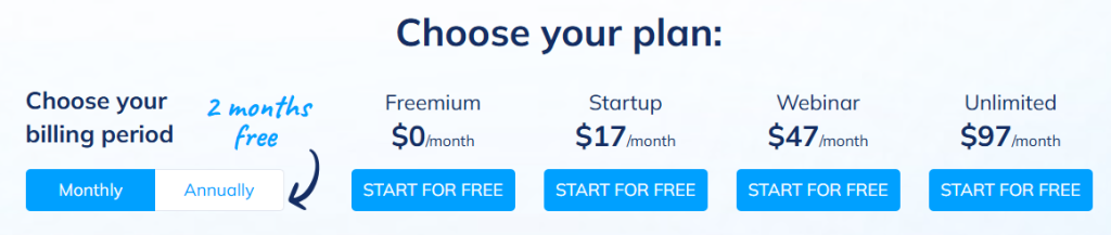Systeme.io pricing chart with four plans—Freemium, Startup, Webinar, and Unlimited—starting at $0/month. Includes option to save 2 months with annual billing.