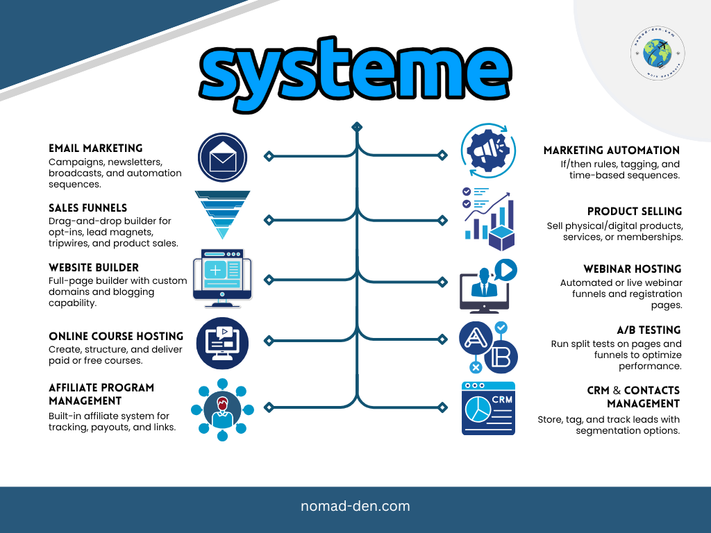 Infographic titled “Systeme” showcasing ten core features of the platform, visually connected by a central vertical line resembling a spine. On the left: Email Marketing, Sales Funnels, Website Builder, Online Course Hosting, and Affiliate Program Management. On the right: Marketing Automation, Product Selling, Webinar Hosting, A/B Testing, and CRM & Contacts Management. The layout symbolizes Systeme.io as a foundational backbone for running an online business.