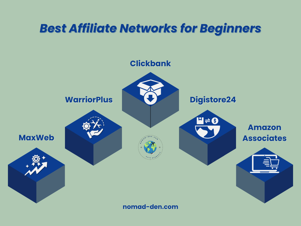 Graphic showing five beginner-friendly affiliate networks: MaxWeb, WarriorPlus, Clickbank, Digistore24, and Amazon Associates — arranged in a pyramid layout with icons and the title ‘Best Affiliate Networks for Beginners.