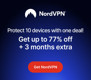 NordVPN deal banner promoting up to 77% off plus 3 extra months. Secure up to 10 devices with one VPN subscription. Blue gradient background with red 'Get NordVPN' button.