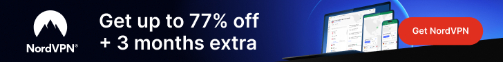 NordVPN limited-time offer — get up to 77% off and 3 extra months free. Protect up to 10 devices with fast, secure VPN service. Includes laptop and mobile interface previews, blue gradient background, and red 'Get NordVPN' button.