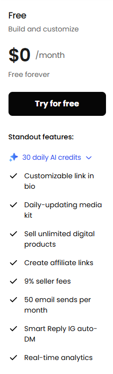 Beacons free plan pricing card showing $0/month free forever, with standout features including customizable link-in-bio, daily-updating media kit, unlimited digital product sales, affiliate link creation, 9% seller fees, 50 monthly email sends, Smart Reply Instagram auto-DM, and real-time analytics