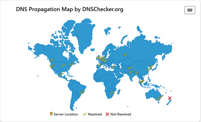 DNS propagation map showing A record resolution across global servers using DNSChecker.org