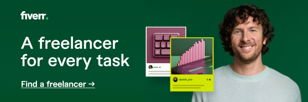 Fiverr banner with the tagline ‘A freelancer for every task,’ featuring a smiling man in a light gray sweater and examples of freelancer project cards. Includes a call-to-action link to find a freelancer.