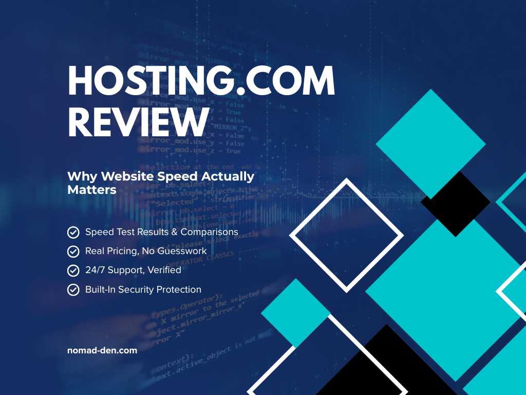 Featured image for 'Hosting.com Review: Why Website Speed Actually Matters,' highlighting speed test results, transparent pricing, verified 24/7 support, and built-in security.
