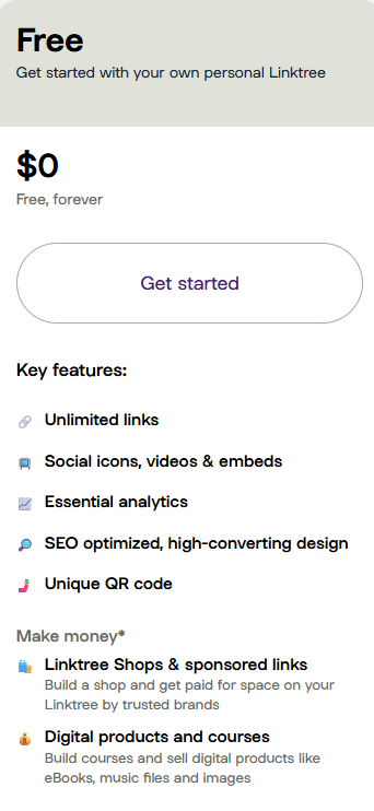 Linktree free plan pricing card showing $0/month free forever, with key features including unlimited links, social icons and video embeds, essential analytics, SEO-optimized design, a unique QR code, and monetization options through Linktree Shops, sponsored links, and digital products