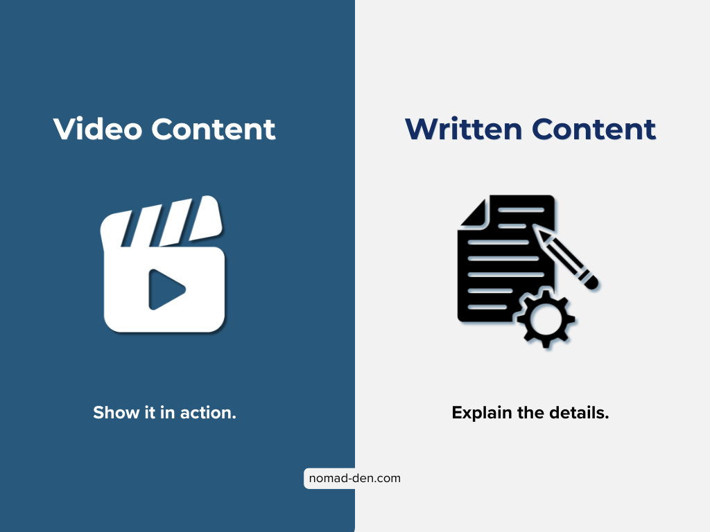 Comparison graphic showing video content for demonstrating products in action versus written content for explaining product details