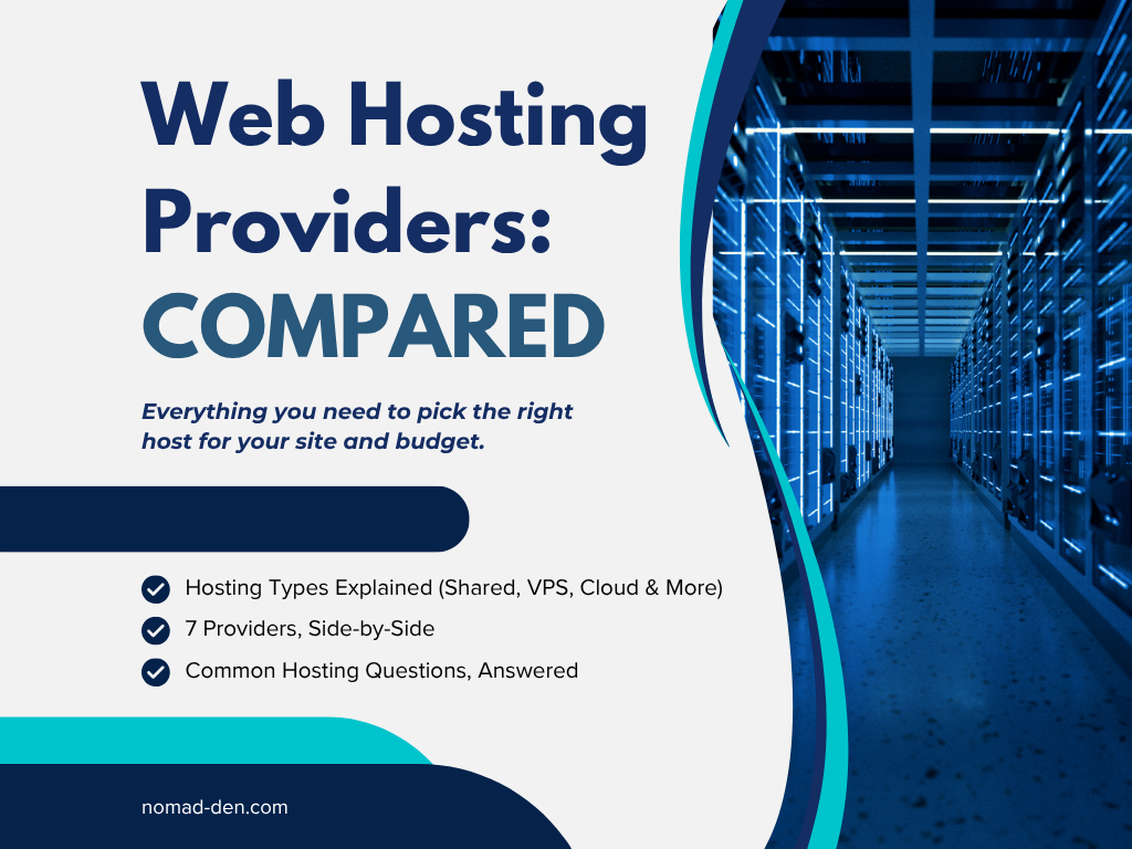 Featured image for a blog post titled "Web Hosting Providers: Compared," showing a server room background with three highlighted points: hosting types explained, 7 providers compared side-by-side, and common hosting questions answered